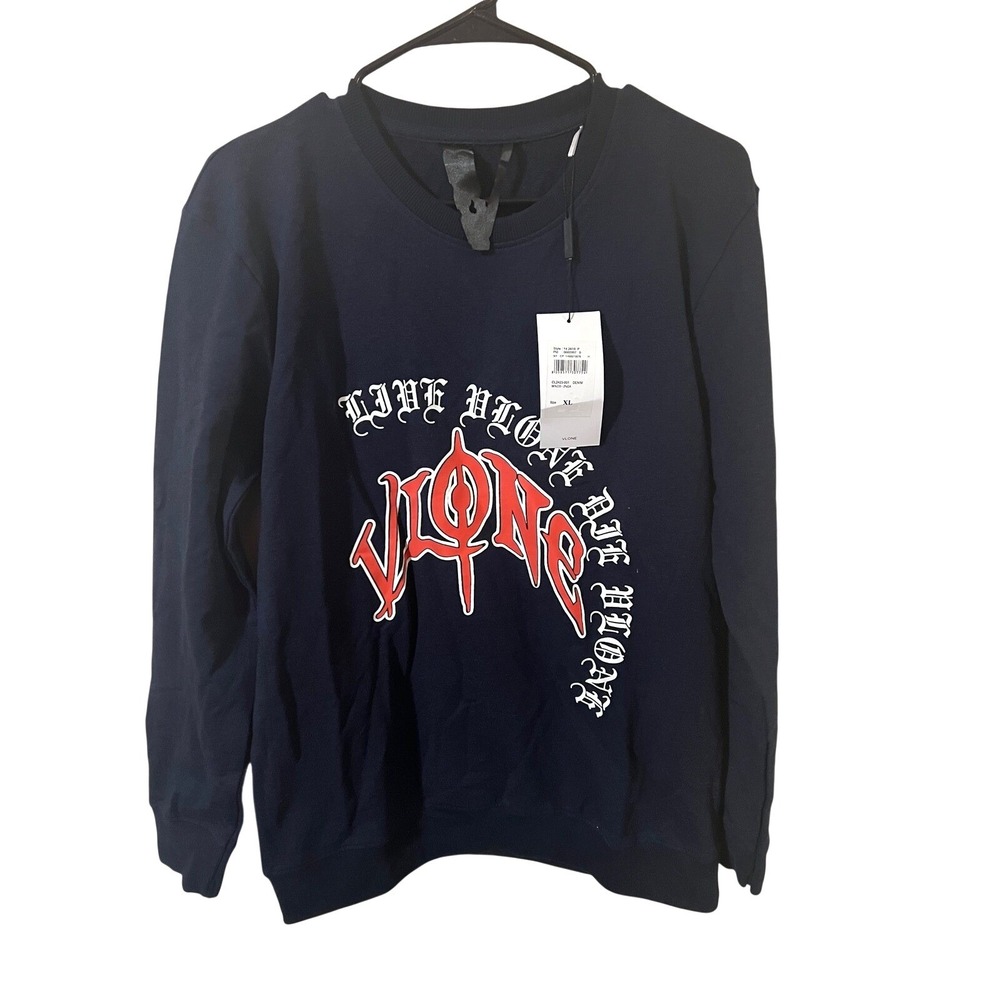 Vlone Live Vlone Die Vlone Navy Blue Graphic Crewneck T shirt Hype EdgyXL NEW
